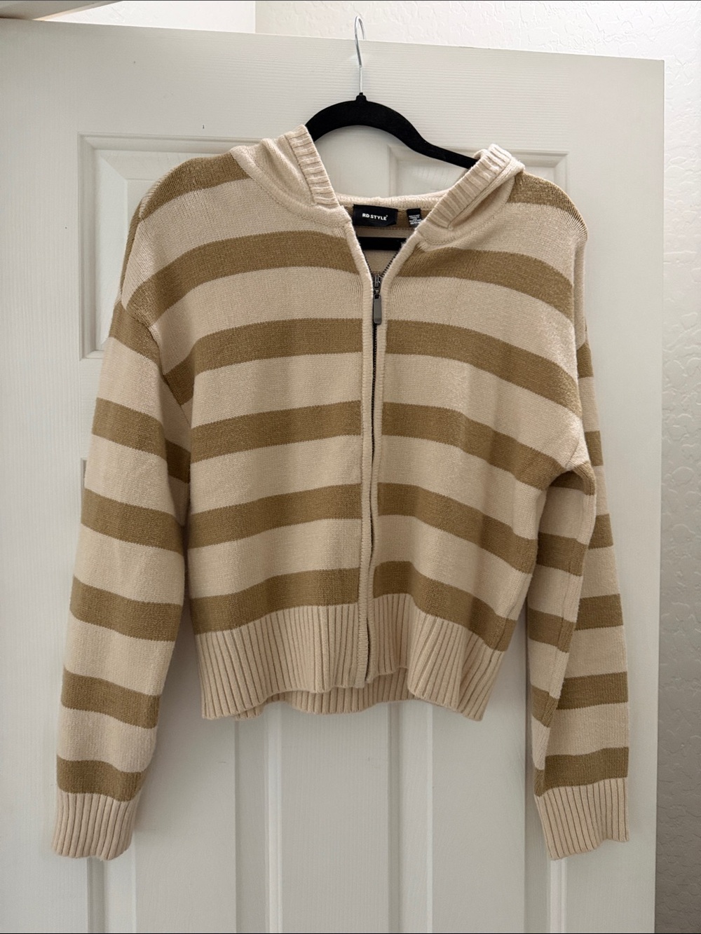 RD Style Beige and Tan Striped Zip Hoodie Cardigan